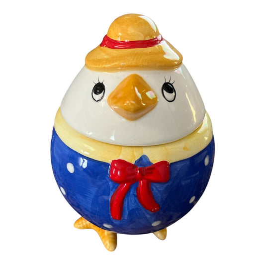 Vintage Ceramic Chick Shaped Mug with Lid – Blue Polka Dot Outfit & Hat – 6 x 5 Inches