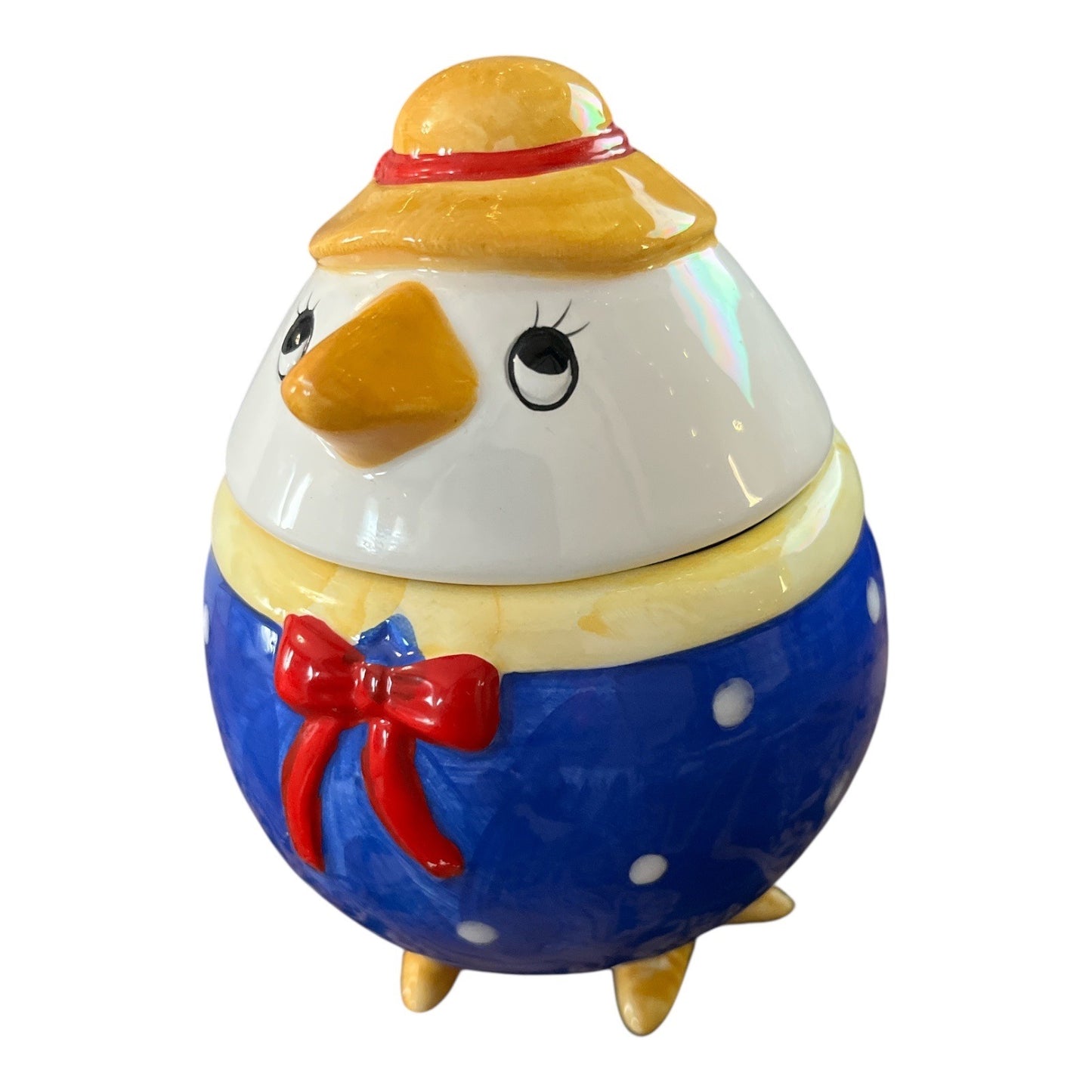 Vintage Ceramic Chick Shaped Mug with Lid – Blue Polka Dot Outfit & Hat – 6 x 5 Inches