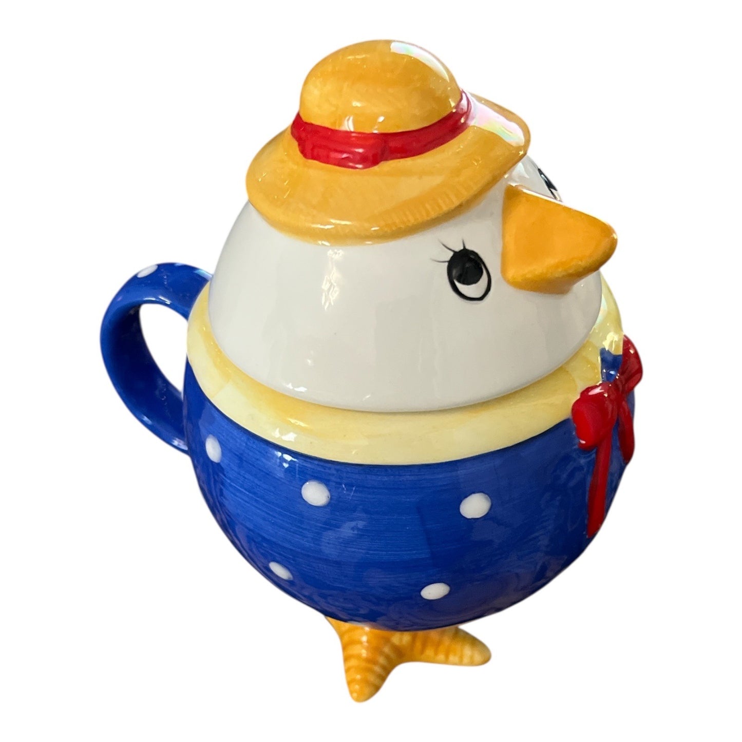 Vintage Ceramic Chick Shaped Mug with Lid – Blue Polka Dot Outfit & Hat – 6 x 5 Inches