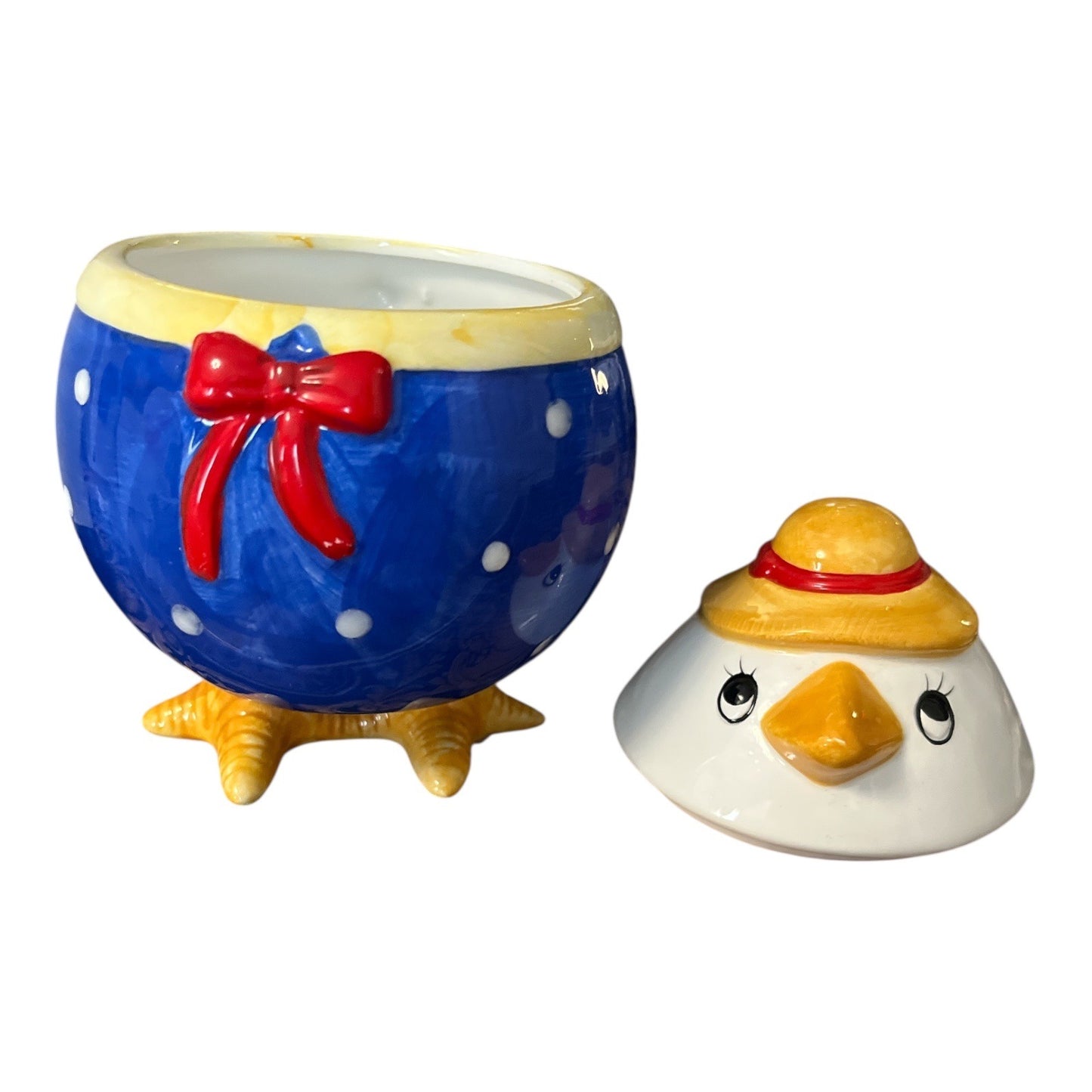 Vintage Ceramic Chick Shaped Mug with Lid – Blue Polka Dot Outfit & Hat – 6 x 5 Inches