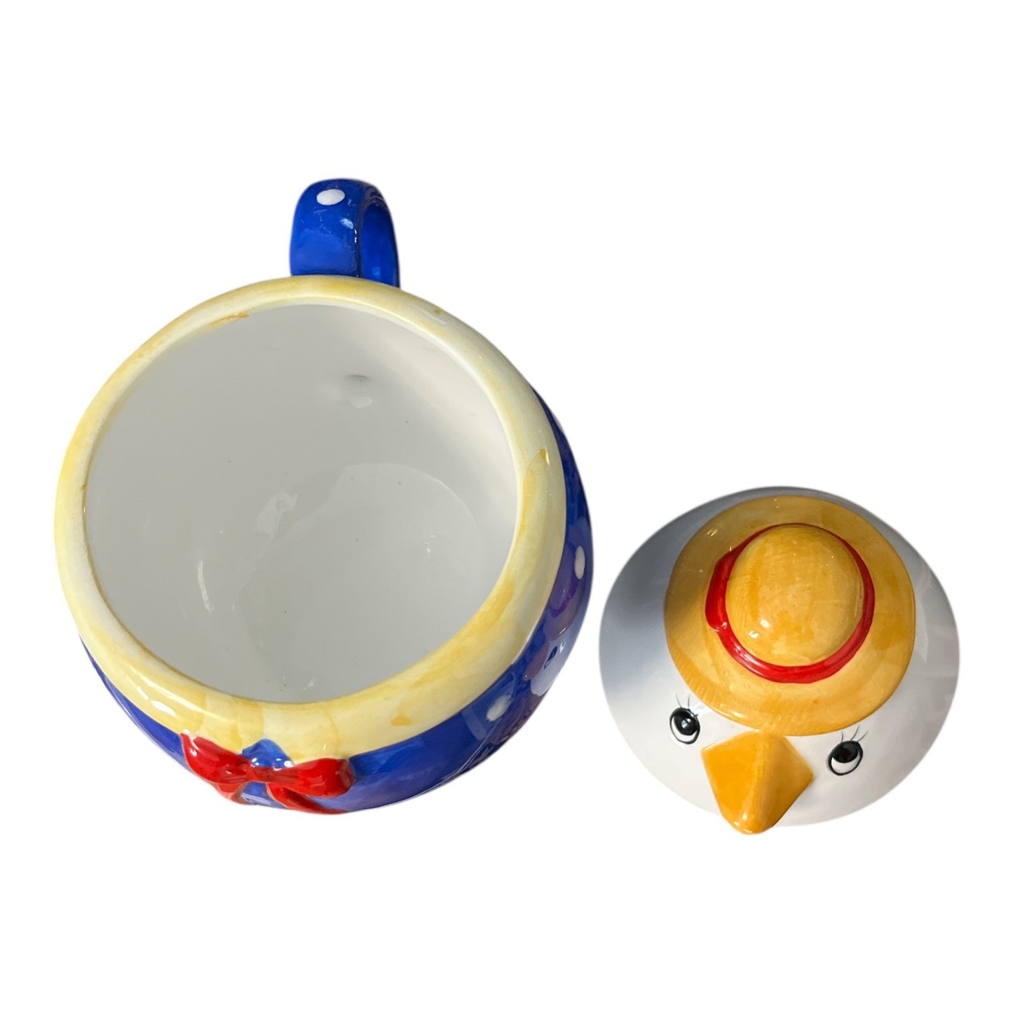 Vintage Ceramic Chick Shaped Mug with Lid – Blue Polka Dot Outfit & Hat – 6 x 5 Inches