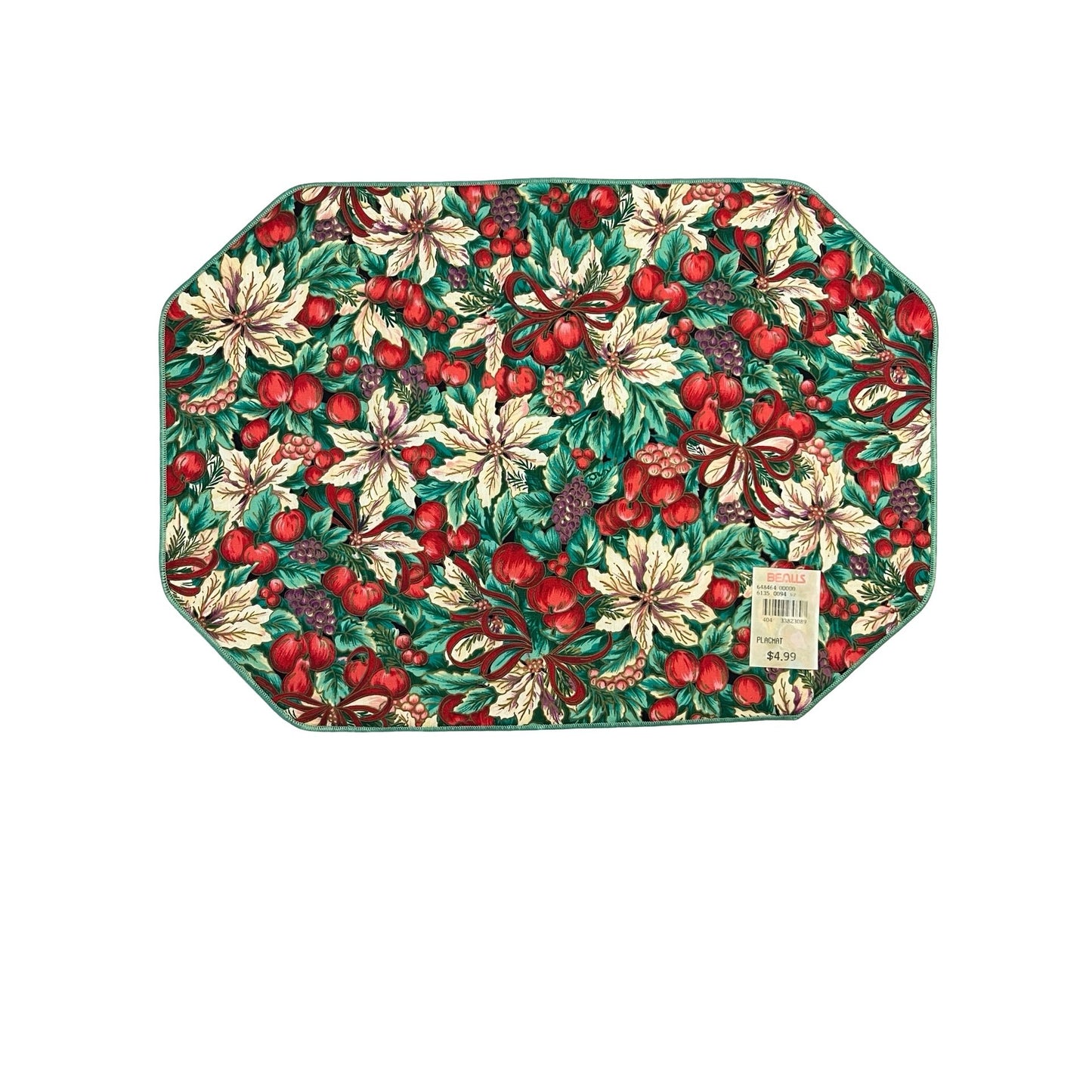 Vintage Christmas Placemat Set of 6 Red Green Floral Cotton 17x12 Made in USA Suzanne
