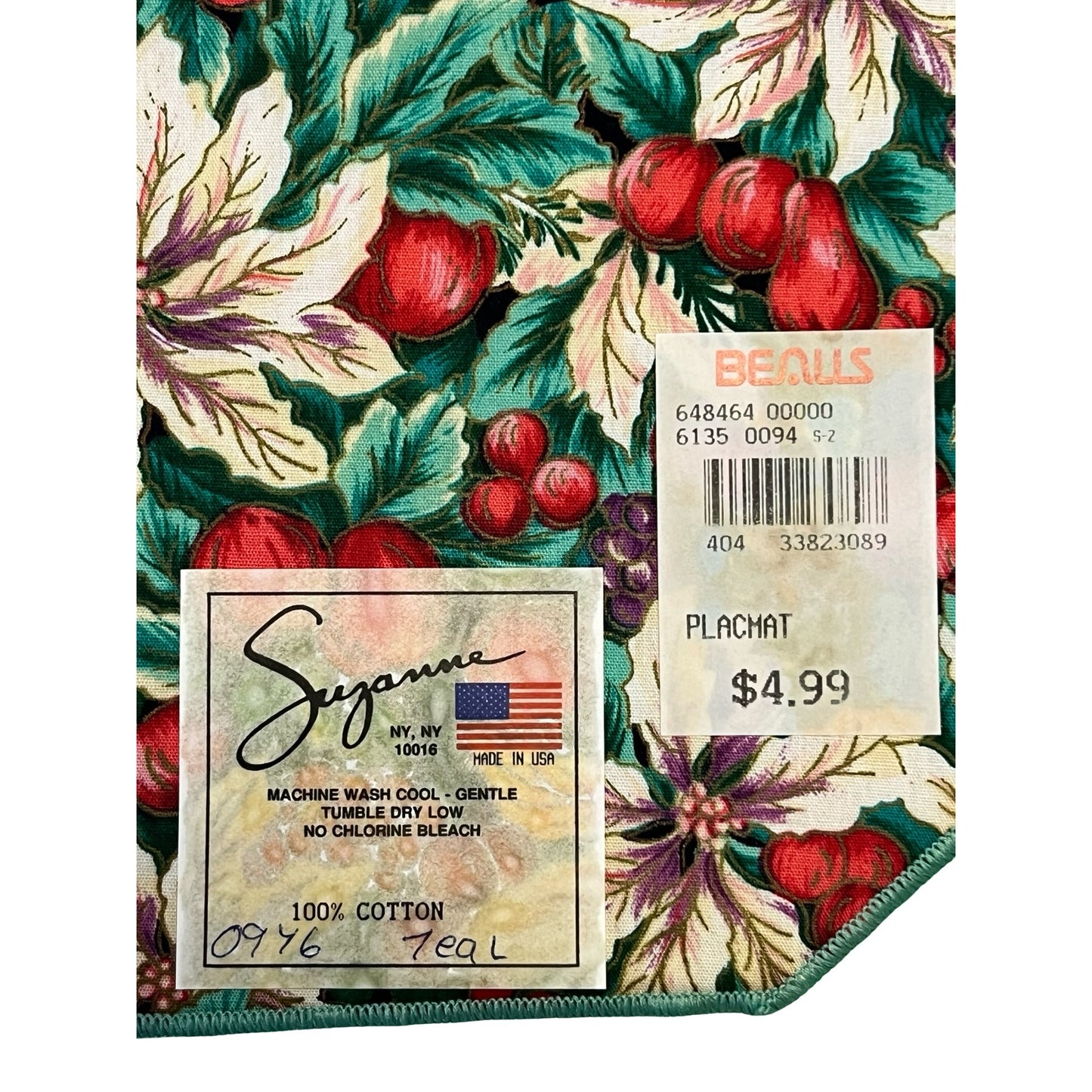Vintage Christmas Placemat Set of 6 Red Green Floral Cotton 17x12 Made in USA Suzanne