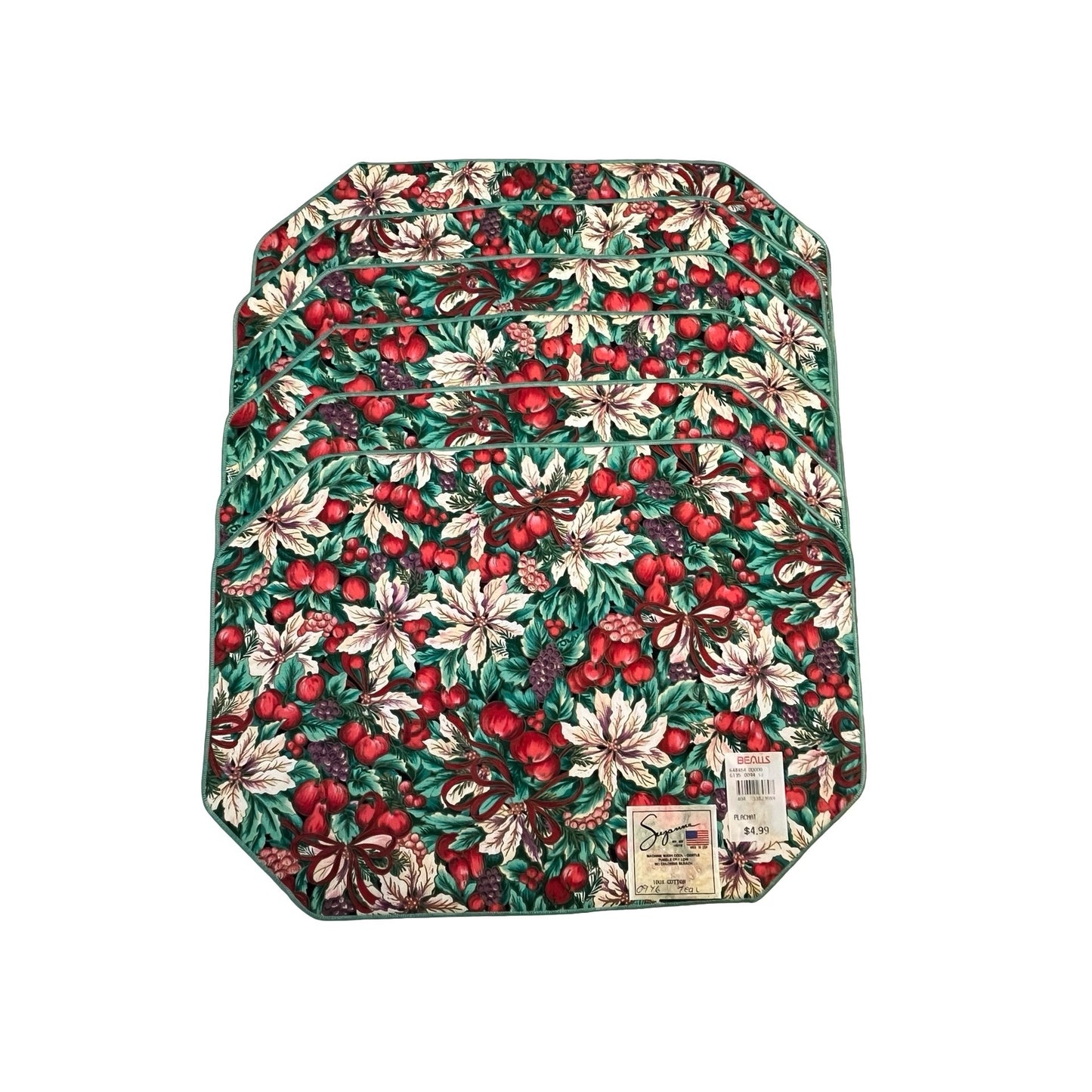 Vintage Christmas Placemat Set of 6 Red Green Floral Cotton 17x12 Made in USA Suzanne