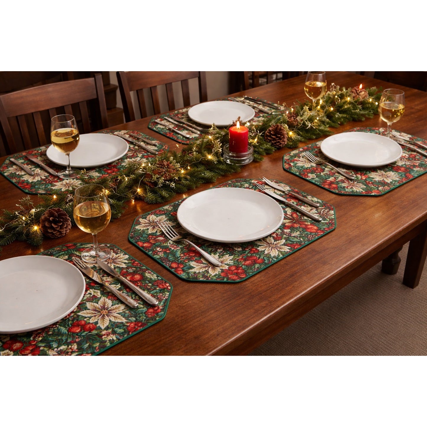 Vintage Christmas Placemat Set of 6 Red Green Floral Cotton 17x12 Made in USA Suzanne
