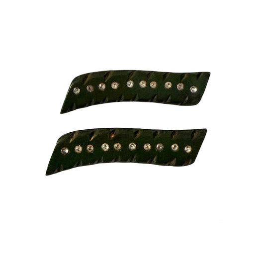 Vintage Possibly Bakelite Dark Green Rhinestone Sweater Guard Collar Clip Pair