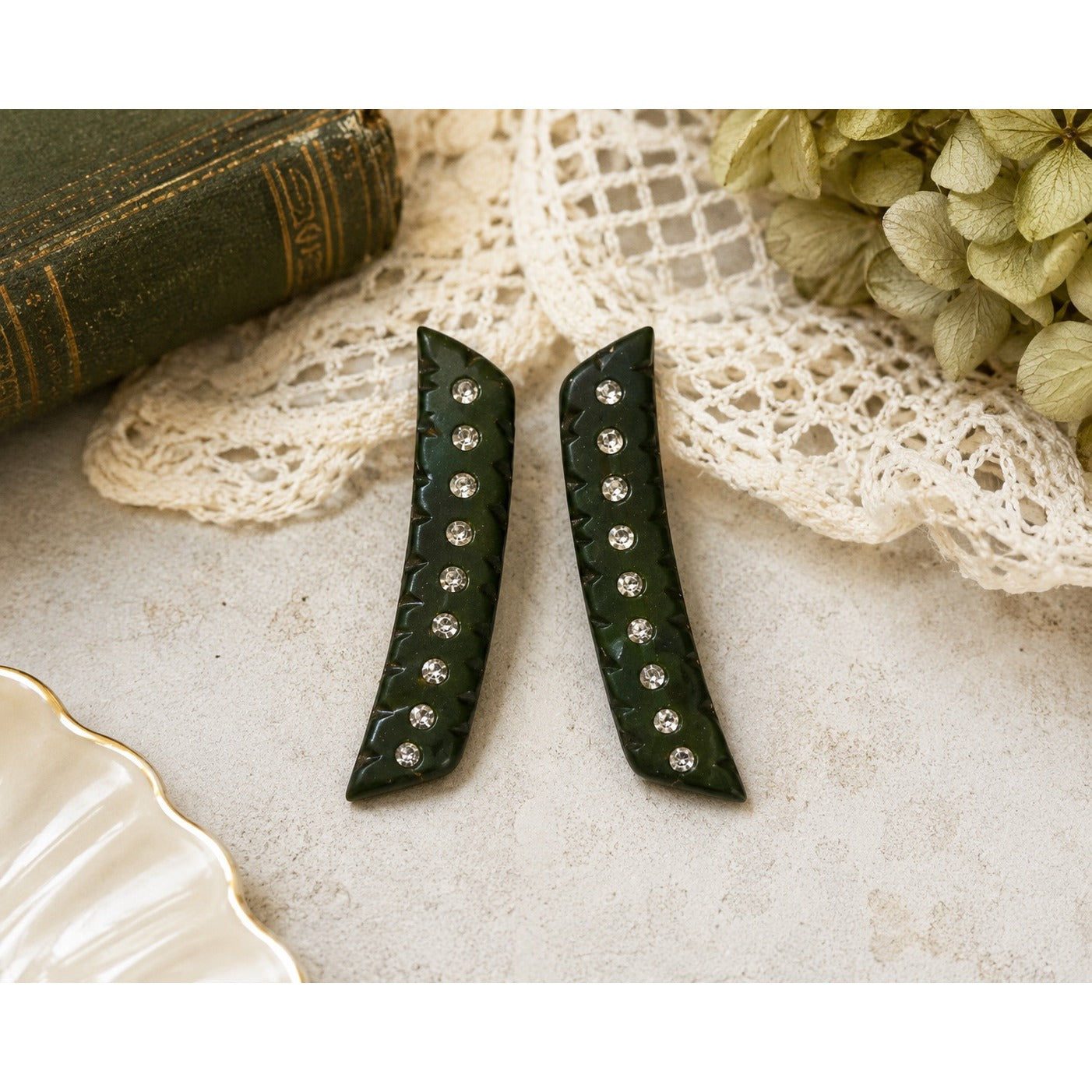 Vintage Possibly Bakelite Dark Green Rhinestone Sweater Guard Collar Clip Pair