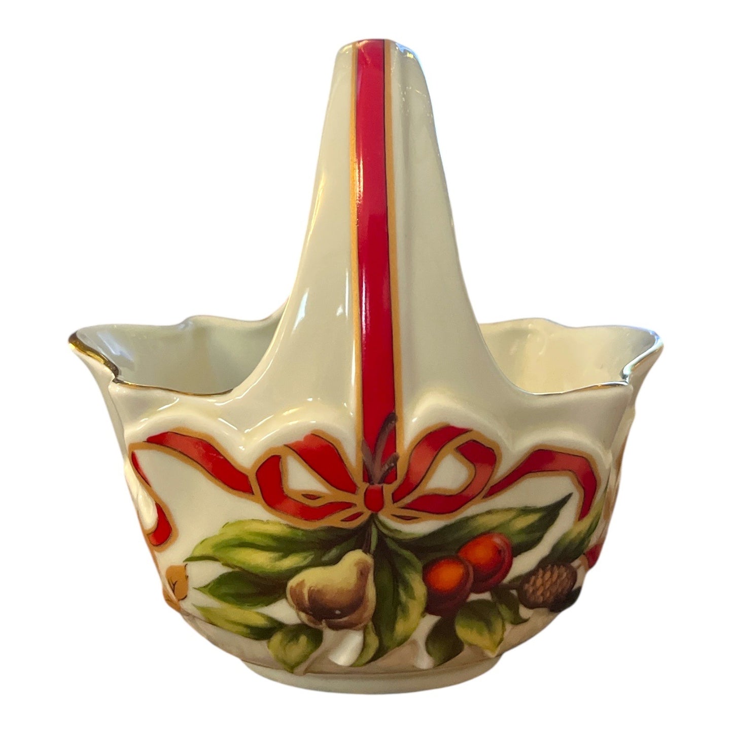 1950s Made in Japan Christmas Basket with Red Ribbon & Fruit – Vintage Ceramic Handle Bowl with Gold Trim – Mid-Century Holiday Decor