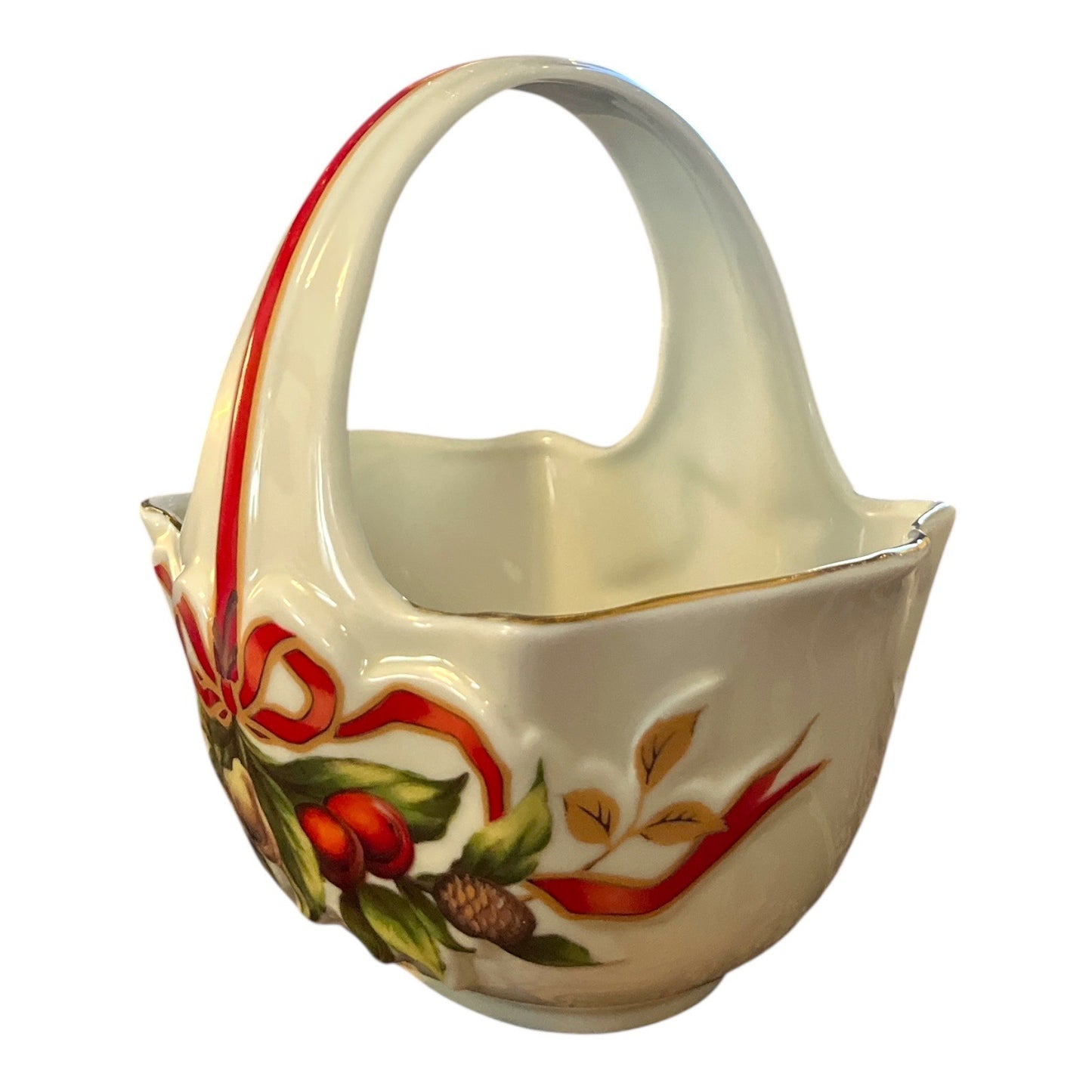 1950s Made in Japan Christmas Basket with Red Ribbon & Fruit – Vintage Ceramic Handle Bowl with Gold Trim – Mid-Century Holiday Decor