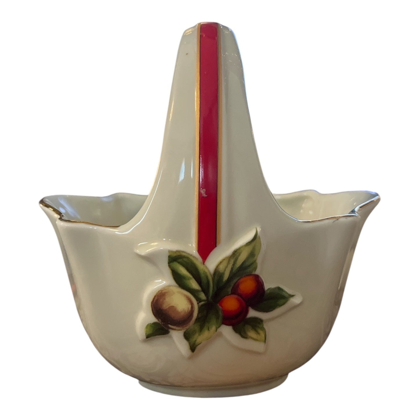 1950s Made in Japan Christmas Basket with Red Ribbon & Fruit – Vintage Ceramic Handle Bowl with Gold Trim – Mid-Century Holiday Decor
