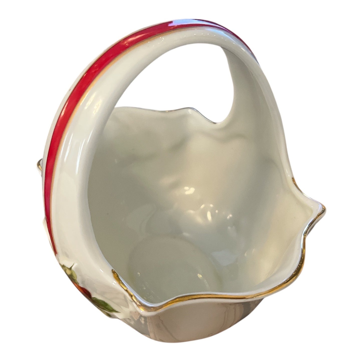 1950s Made in Japan Christmas Basket with Red Ribbon & Fruit – Vintage Ceramic Handle Bowl with Gold Trim – Mid-Century Holiday Decor