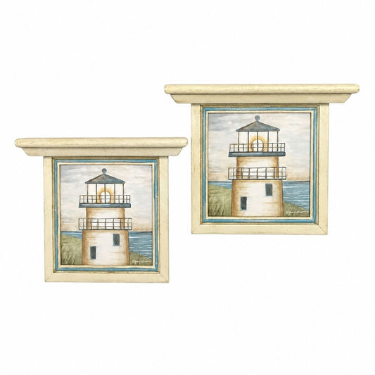 Set of 2 Dianne Lotter Lighthouse Wall Plaques Coastal Seascape Framed Shelf Ledge Art 8x6.5