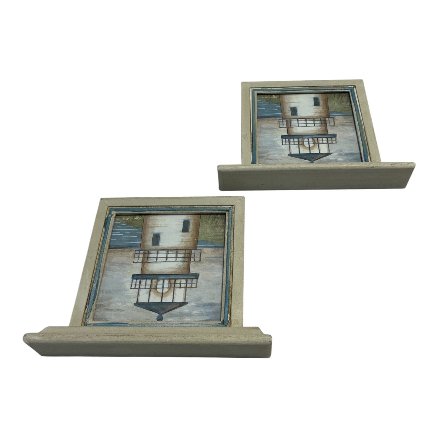 Set of 2 Dianne Lotter Lighthouse Wall Plaques Coastal Seascape Framed Shelf Ledge Art 8x6.5