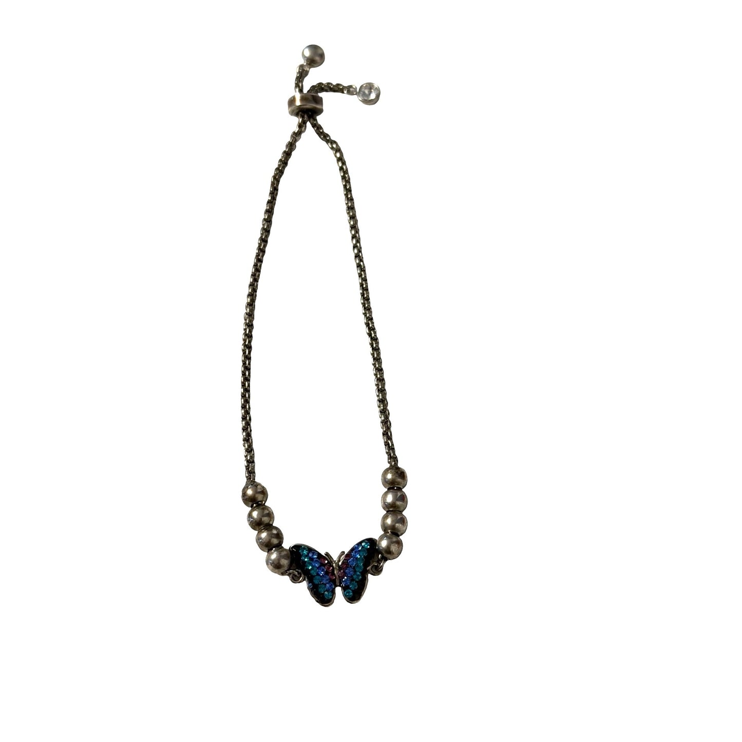 Vintage Butterfly Rhinestone Slider Bracelet Gunmetal Blue Purple Adjustable
