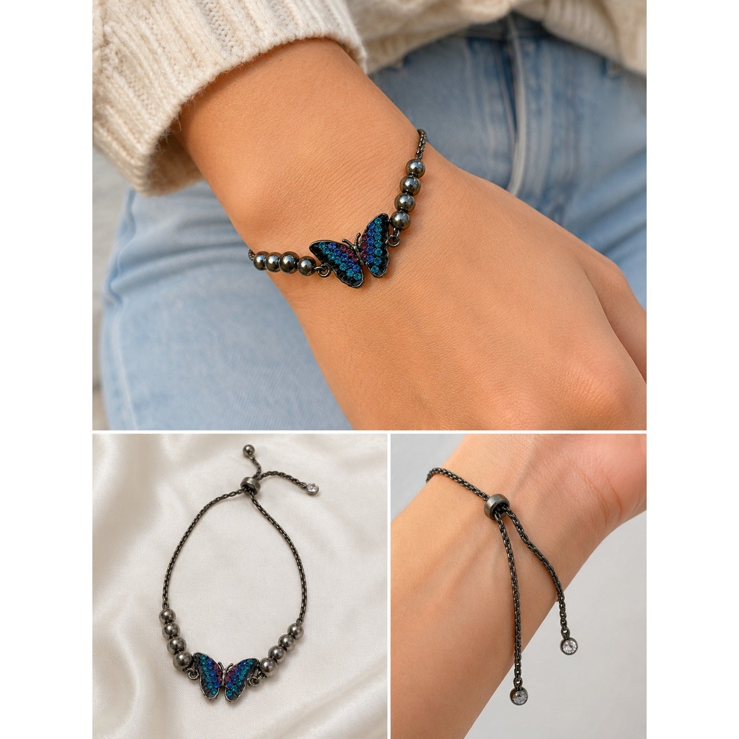 Vintage Butterfly Rhinestone Slider Bracelet Gunmetal Blue Purple Adjustable