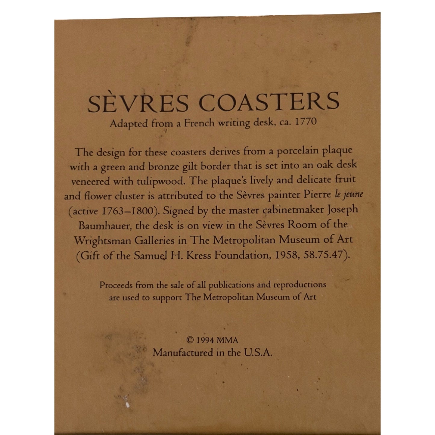 1994 MMA Sèvres Coasters Set Metropolitan Museum of Art Mount Vernon Style 4x4 Set of 8