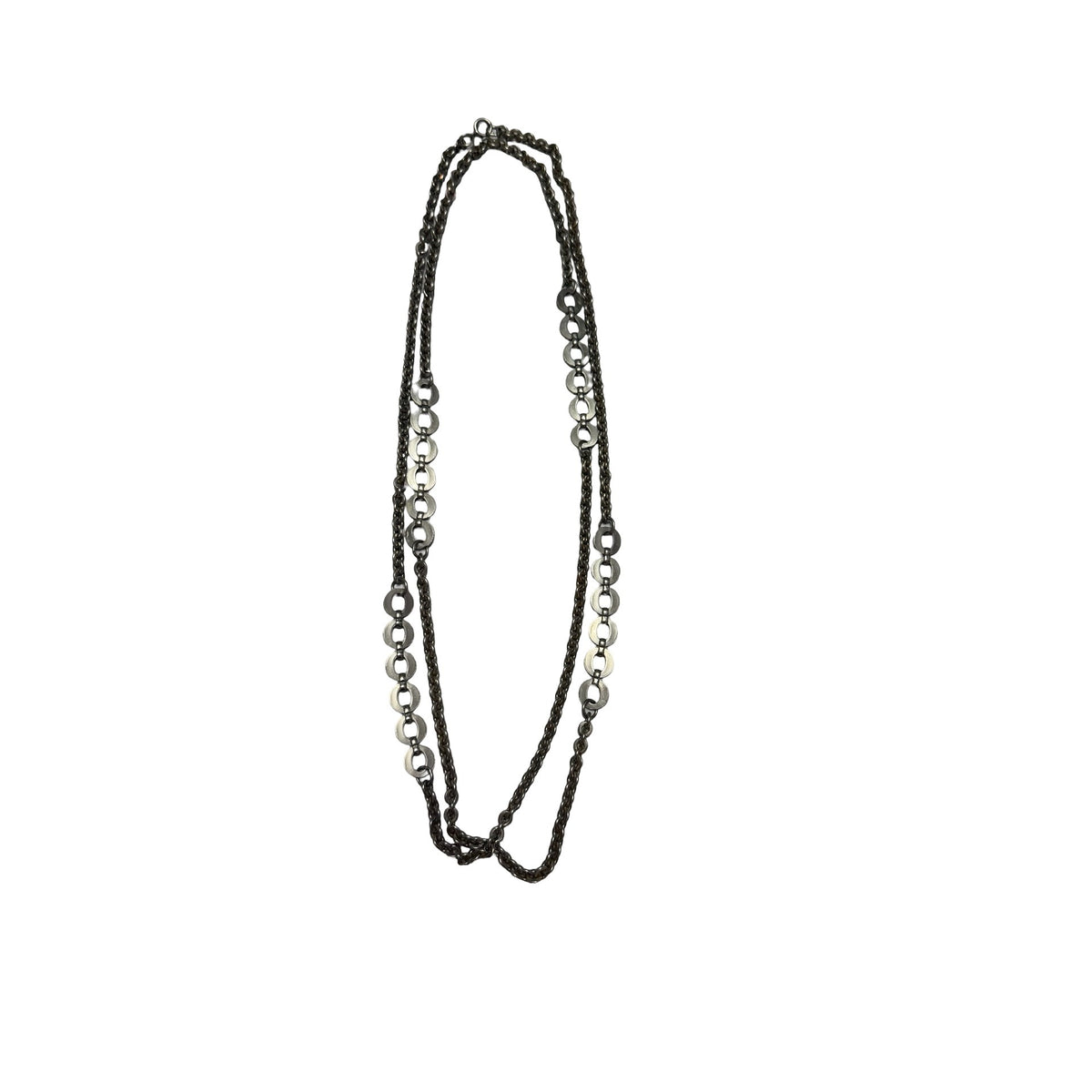 Vintage 1970s 1980s 56 Inch Gunmetal Silver Tone Mixed Link Station Necklace