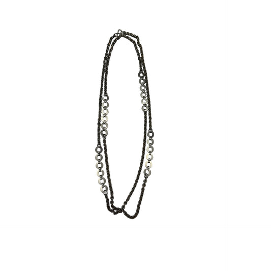 Vintage 1970s 1980s 56 Inch Gunmetal Silver Tone Mixed Link Station Necklace