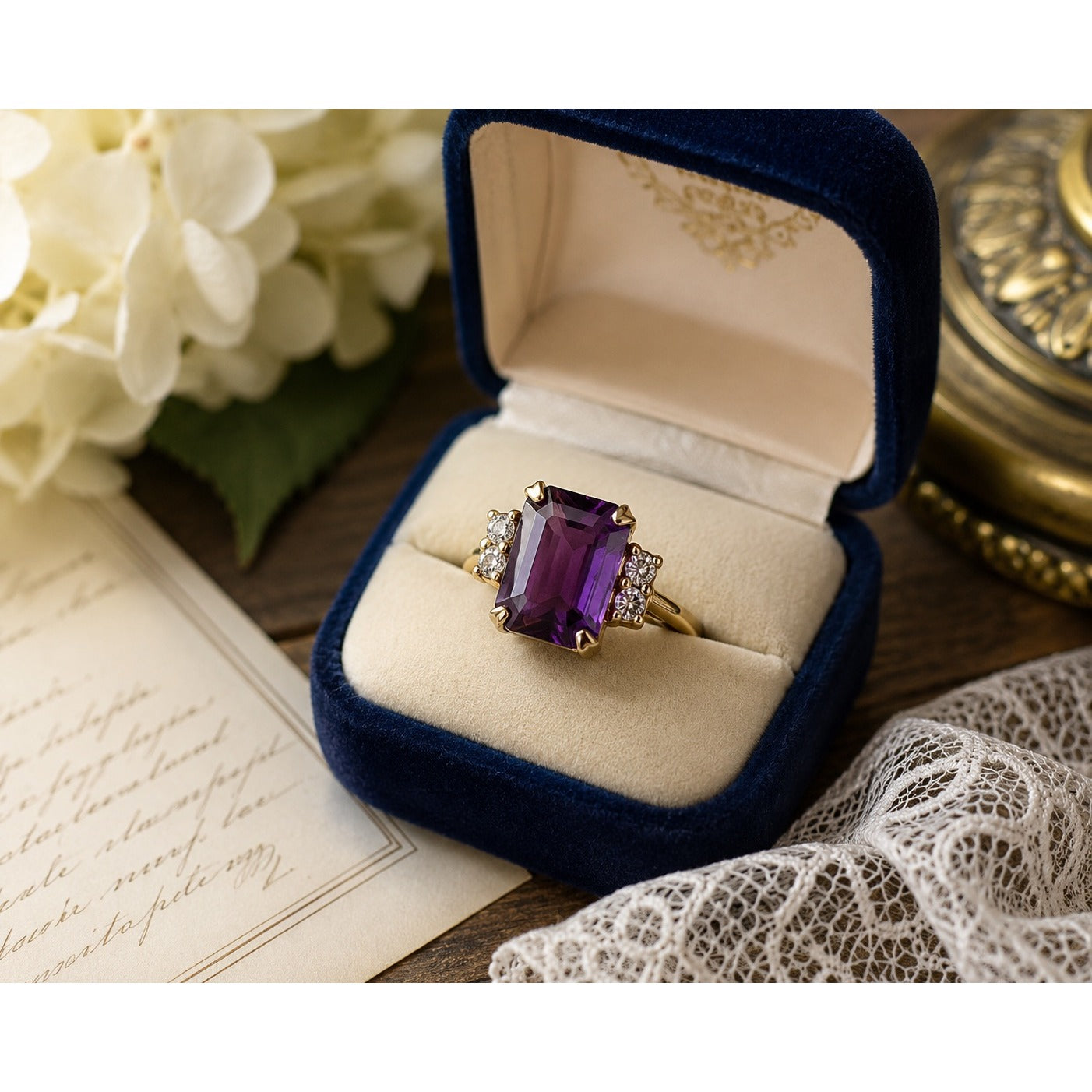 Vintage ESPO 14K GE Purple Emerald Cut Cocktail Ring Size 5 Gold Tone