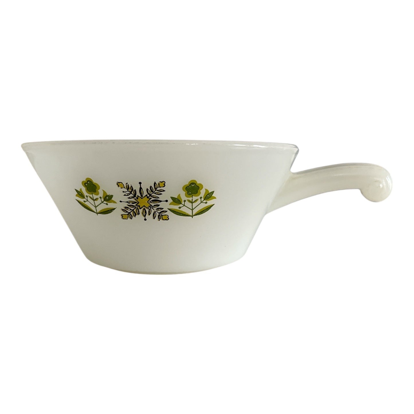 Vintage Fire-King Anchor Hocking Green Floral Handle Soup Bowl – Made in USA