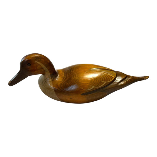 Vintage Wooden Duck Decoy – Hand-Carved by Creations by Branford – Rustic Folk Art Figurine with Painted Golden Accents – 17" Long