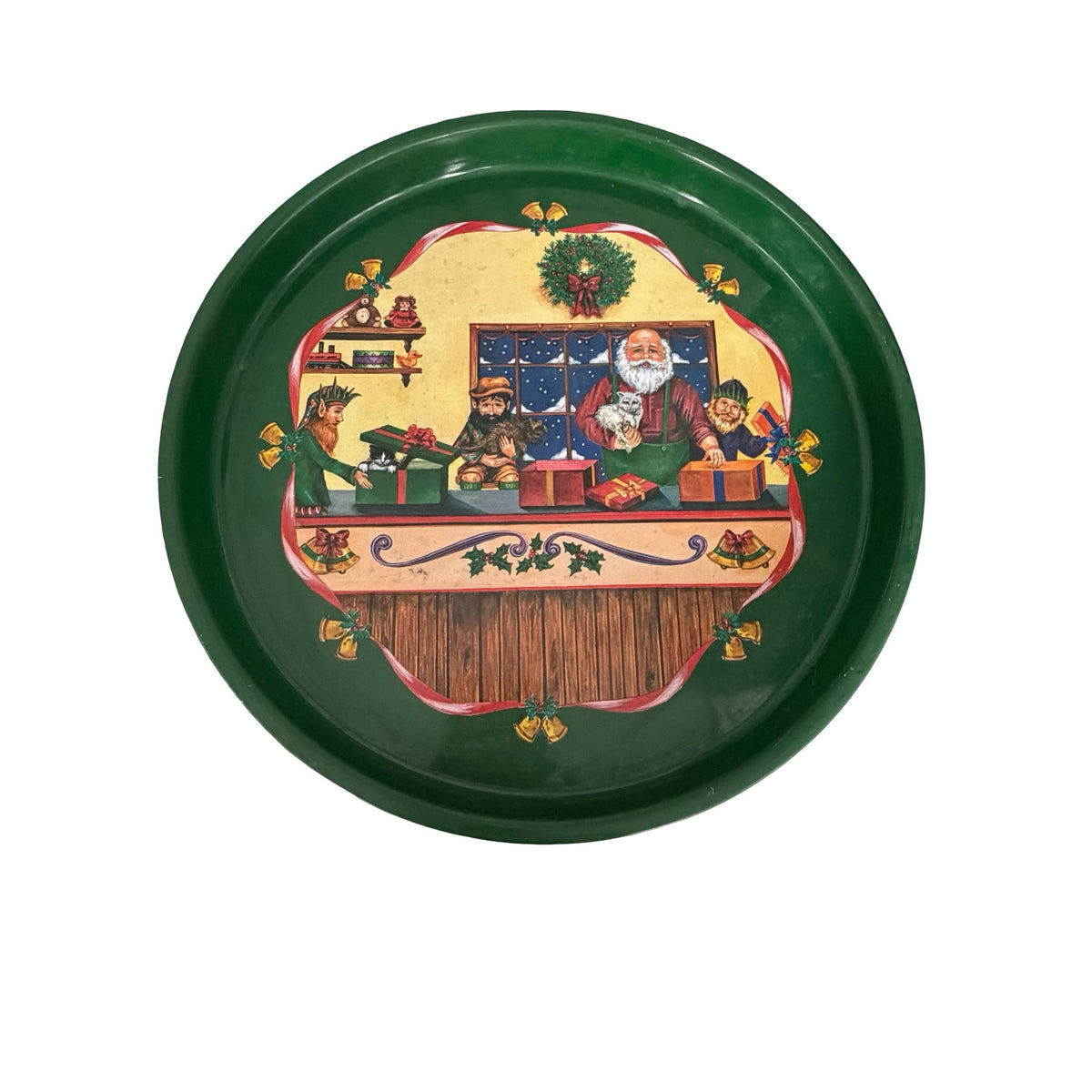 Vintage 1990 Tin Box Company Santa Elves Cats Christmas Metal Tray 12 Inch