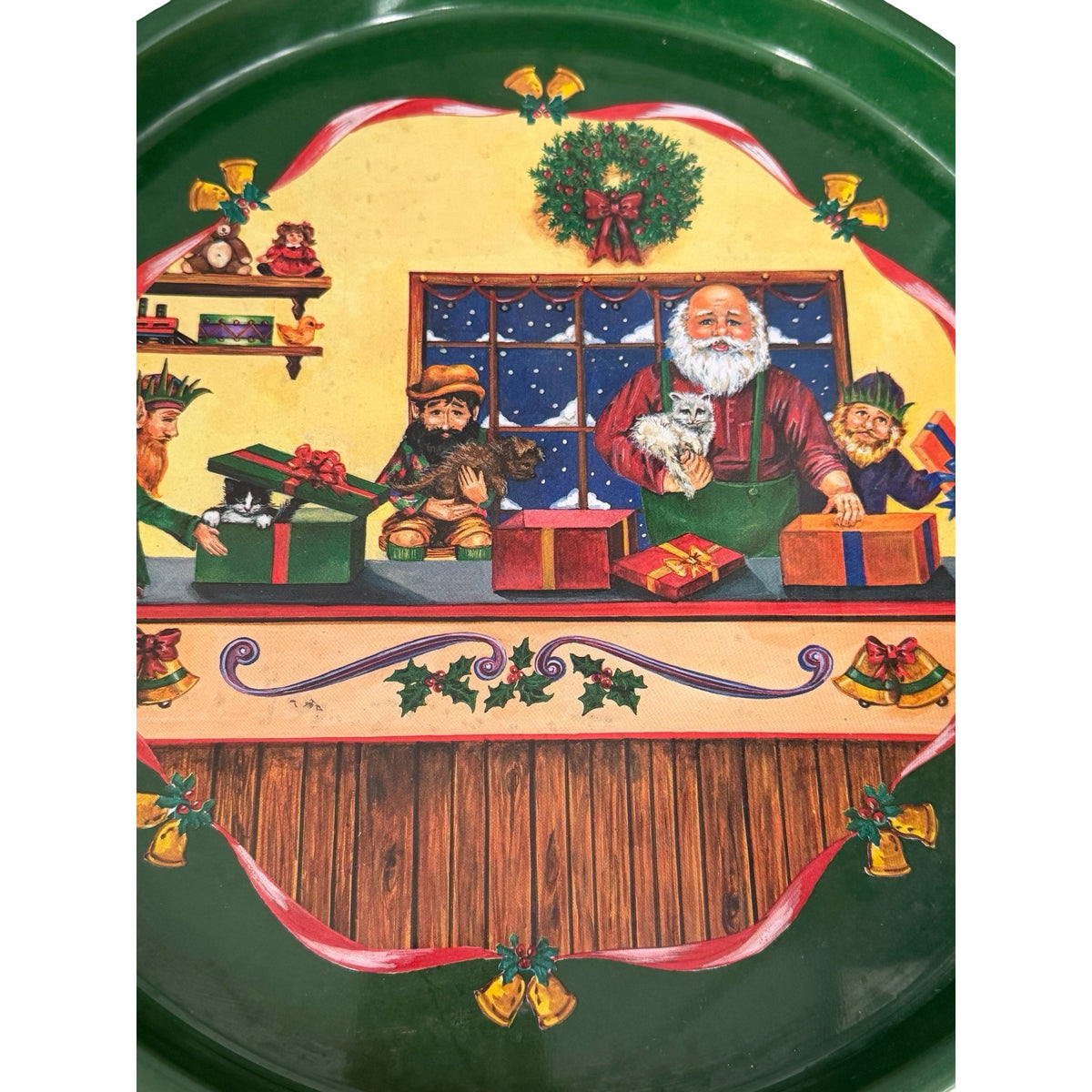 Vintage 1990 Tin Box Company Santa Elves Cats Christmas Metal Tray 12 Inch
