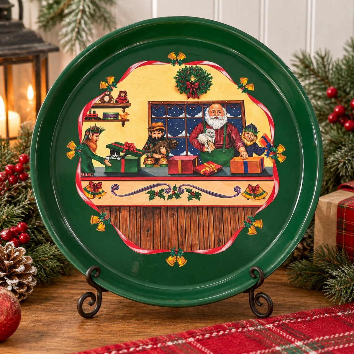 Vintage 1990 Tin Box Company Santa Elves Cats Christmas Metal Tray 12 Inch
