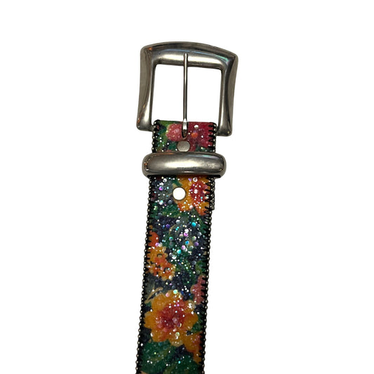 Absolutely Fresh Floral Glitter Leather Belt Made in USA 30.5”