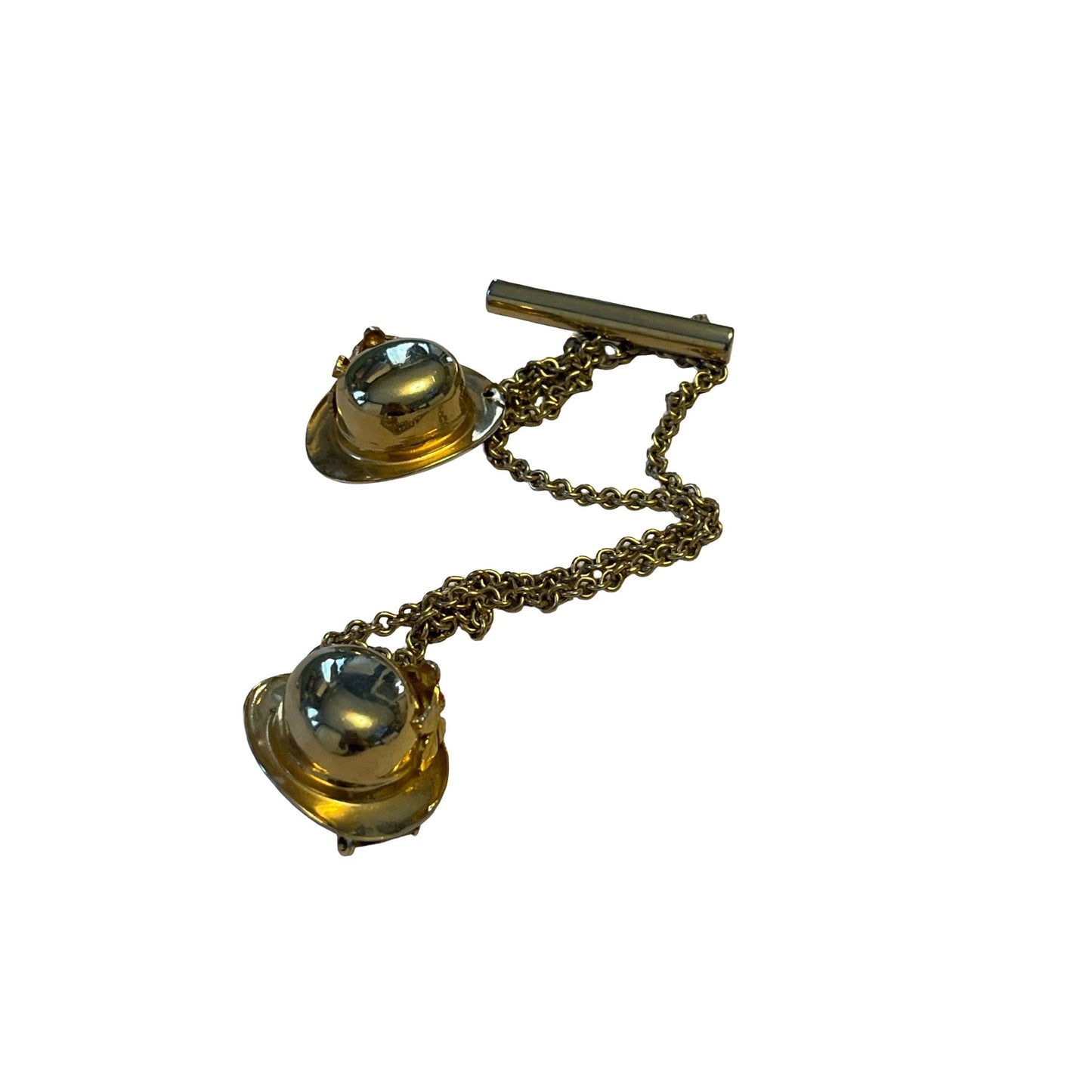 Vintage Gold Tone Sweater Guard Double Hat Brooch Chain Bar Pin Western Style 7.5 Inch