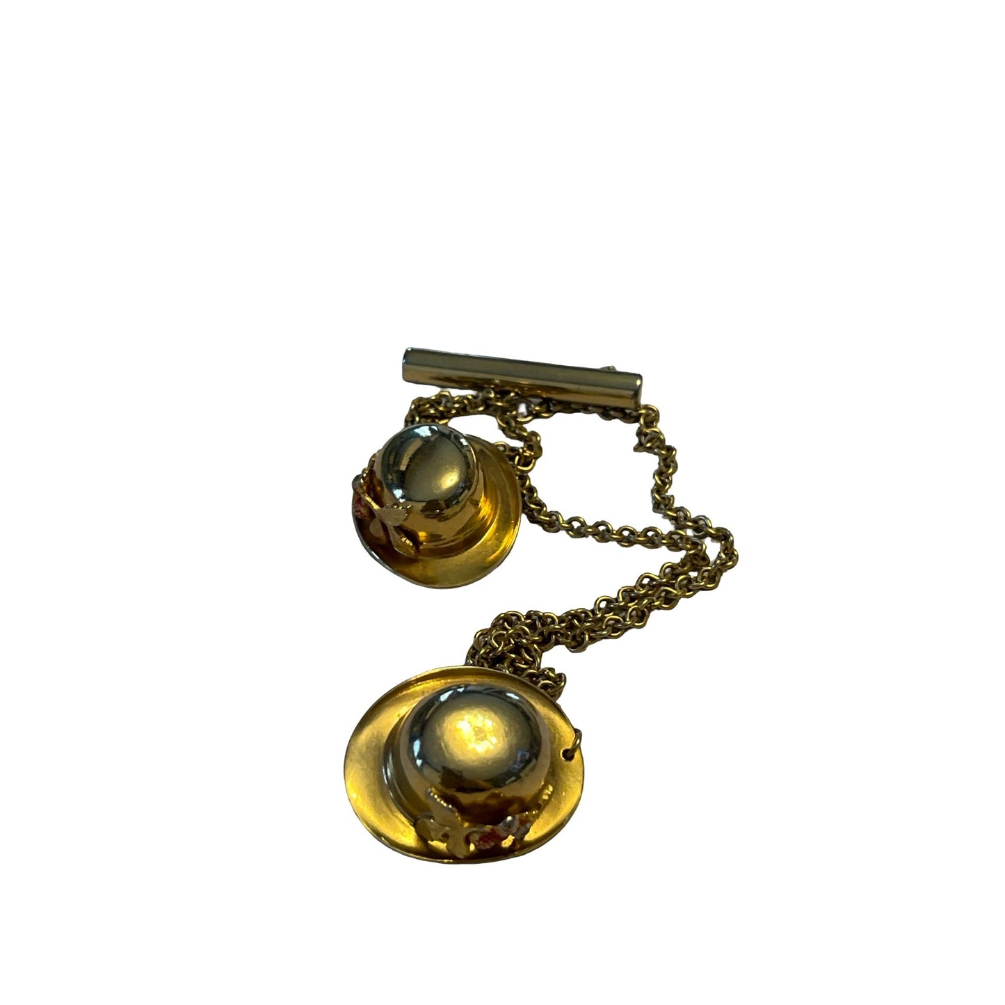 Vintage Gold Tone Sweater Guard Double Hat Brooch Chain Bar Pin Western Style 7.5 Inch