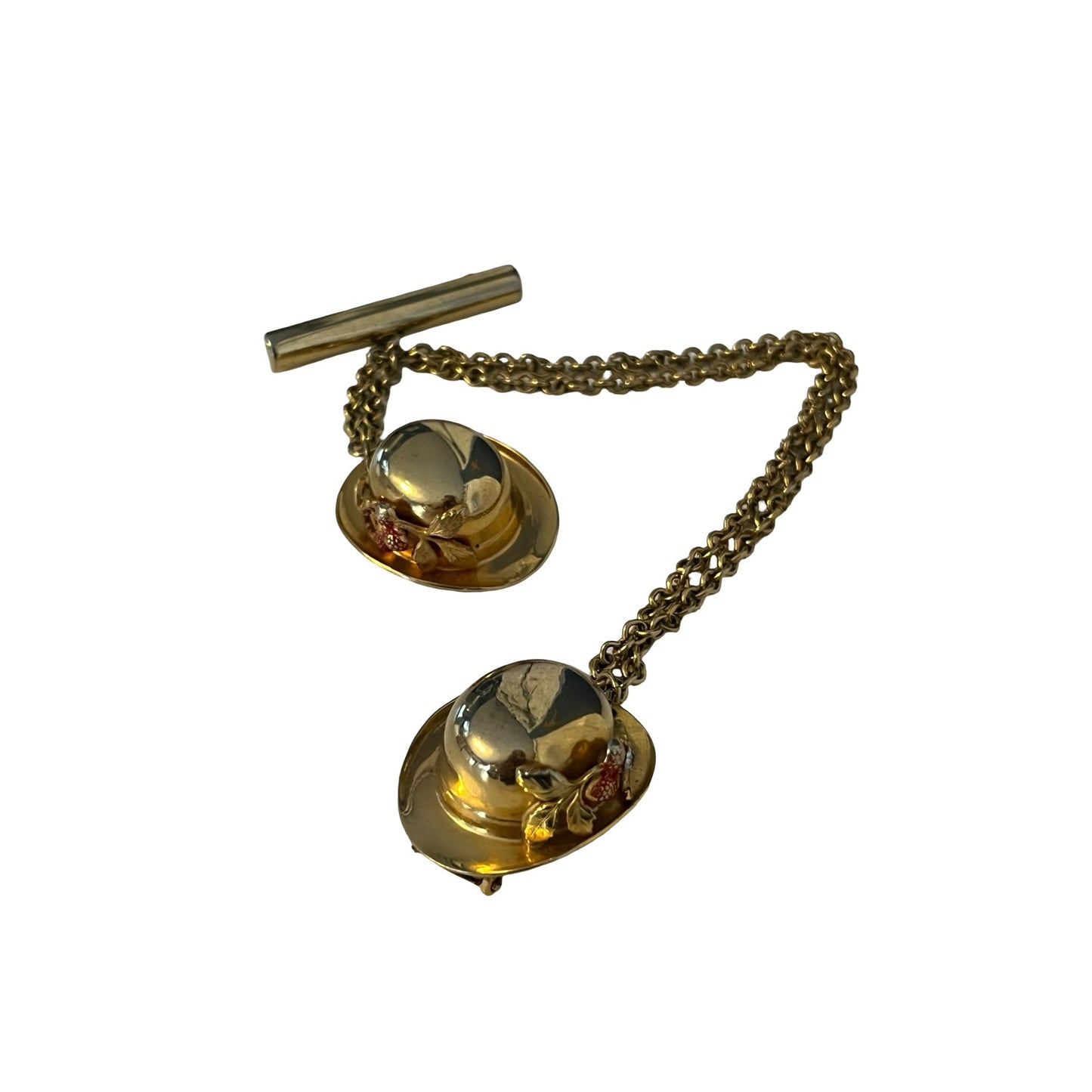 Vintage Gold Tone Sweater Guard Double Hat Brooch Chain Bar Pin Western Style 7.5 Inch