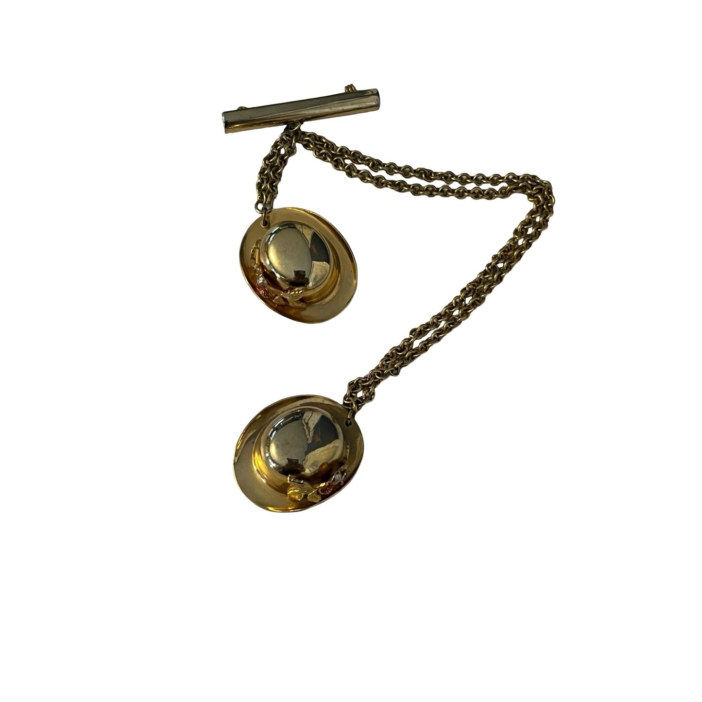 Vintage Gold Tone Sweater Guard Double Hat Brooch Chain Bar Pin Western Style 7.5 Inch