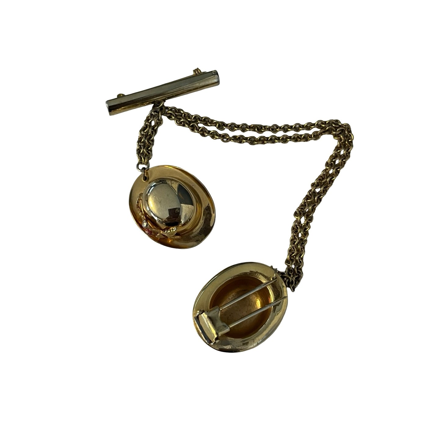 Vintage Gold Tone Sweater Guard Double Hat Brooch Chain Bar Pin Western Style 7.5 Inch