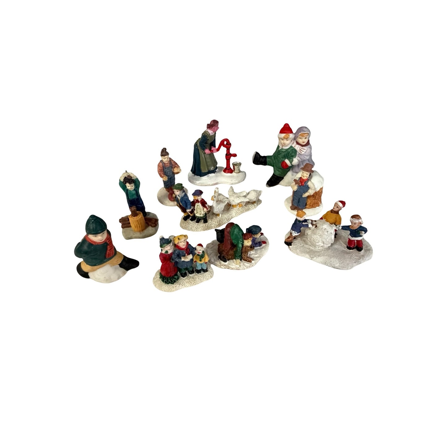 Lot of 10 Miniature Winter Village Christmas Figurines Children Geese Snow Scene Accessories