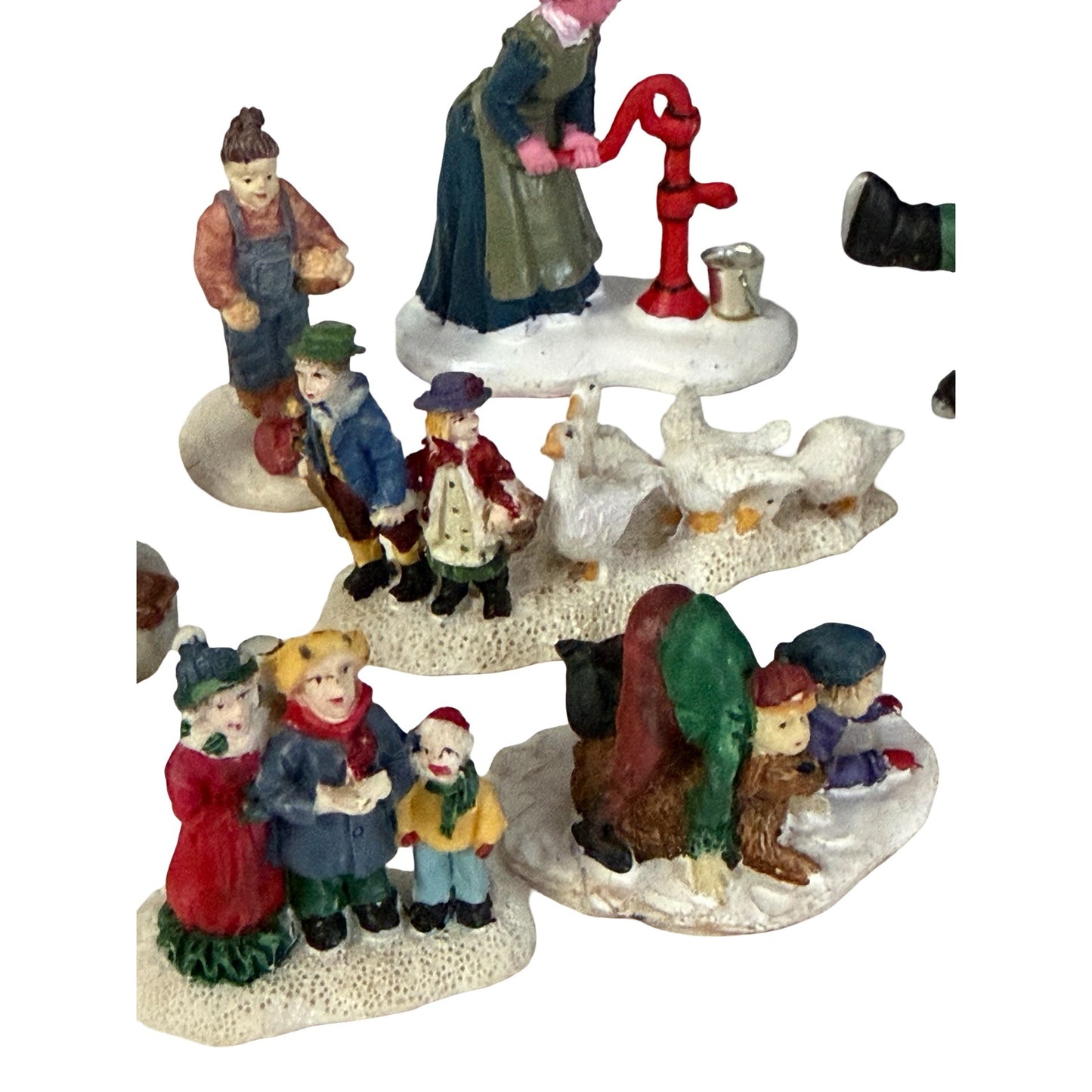 Lot of 10 Miniature Winter Village Christmas Figurines Children Geese Snow Scene Accessories