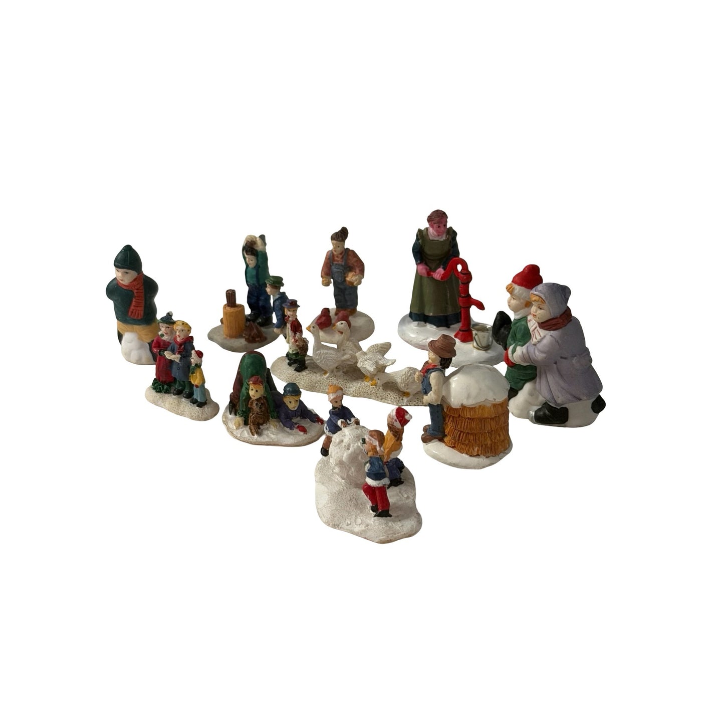 Lot of 10 Miniature Winter Village Christmas Figurines Children Geese Snow Scene Accessories