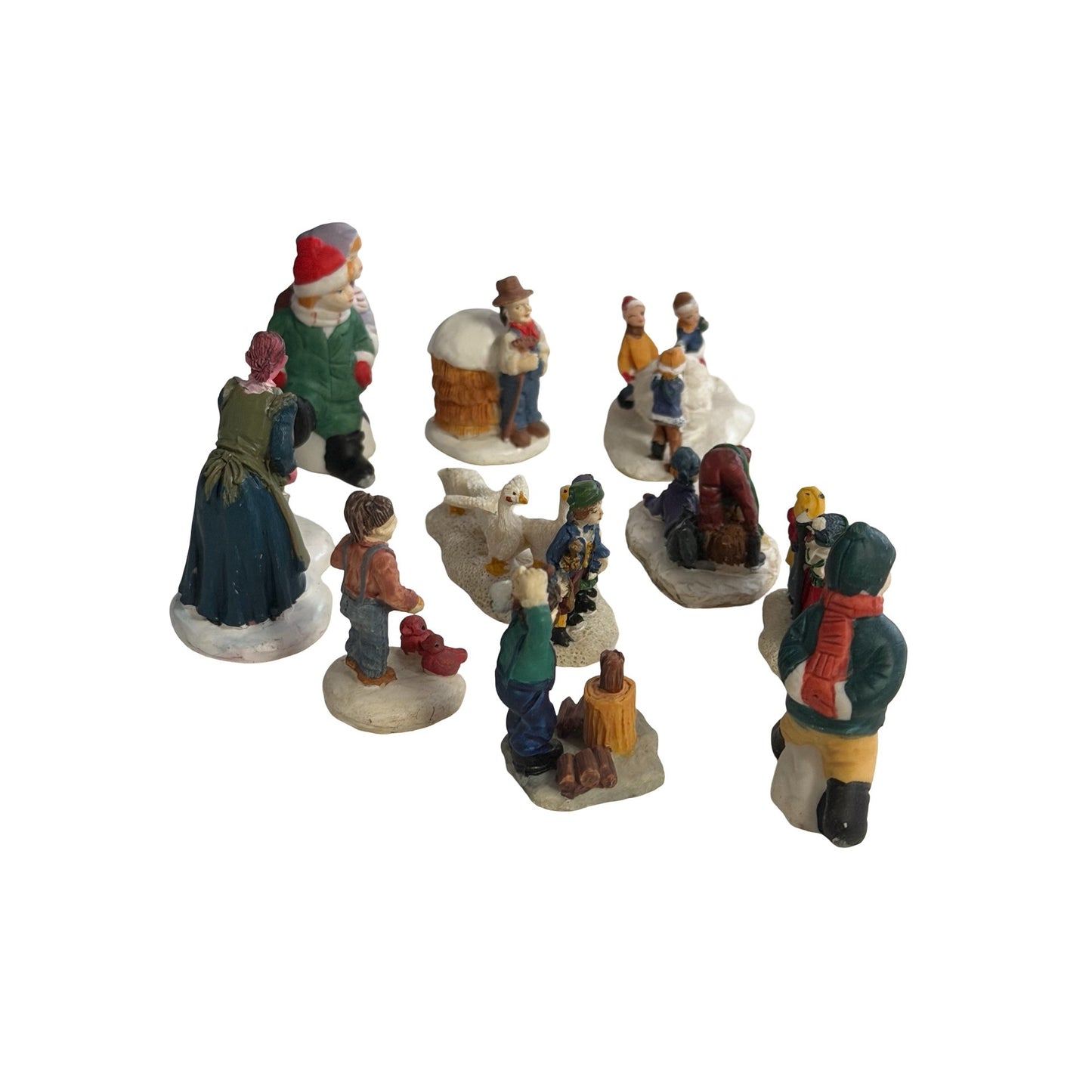 Lot of 10 Miniature Winter Village Christmas Figurines Children Geese Snow Scene Accessories