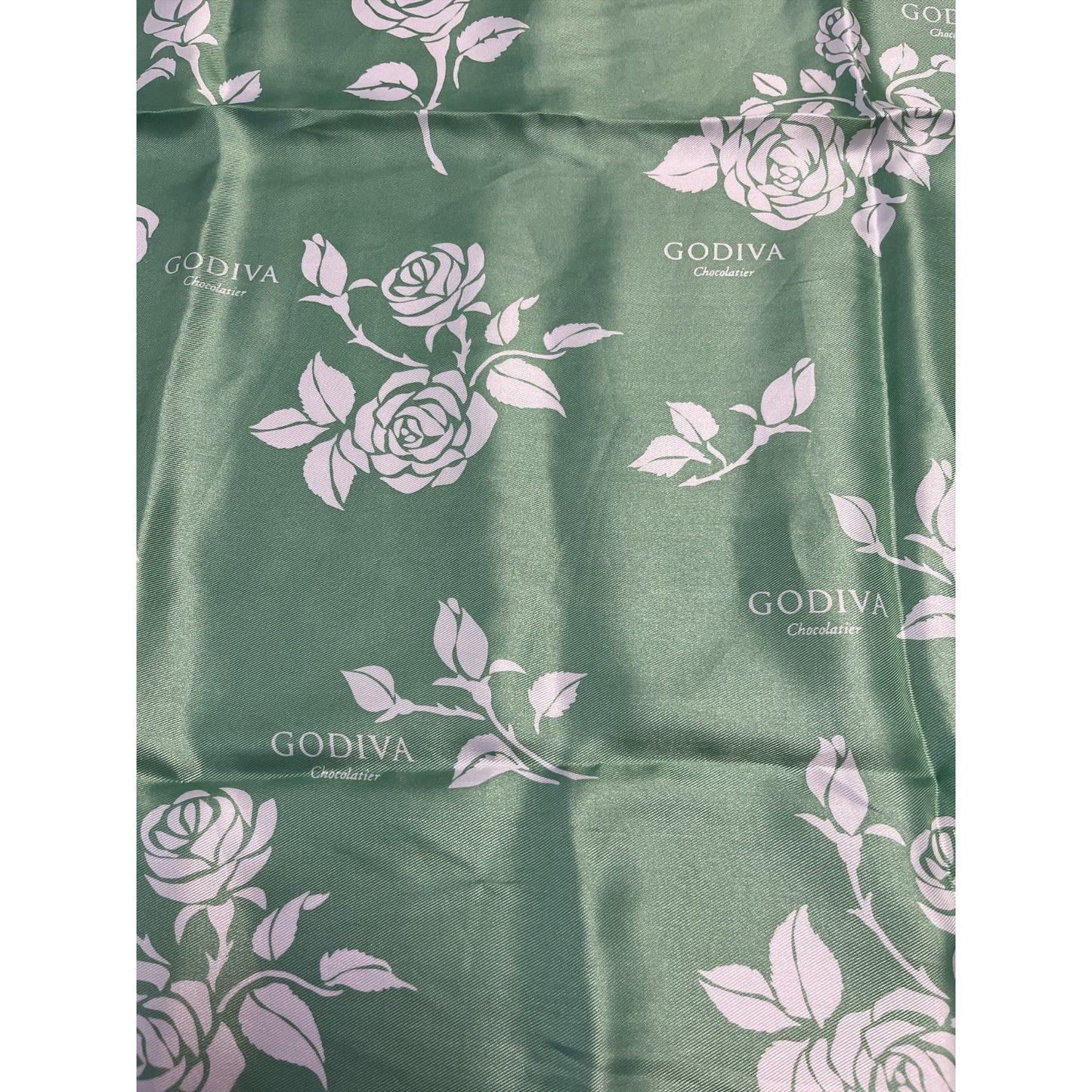 Vintage Godiva Chocolatier Green Rose Print Scarf – 100% Polyester