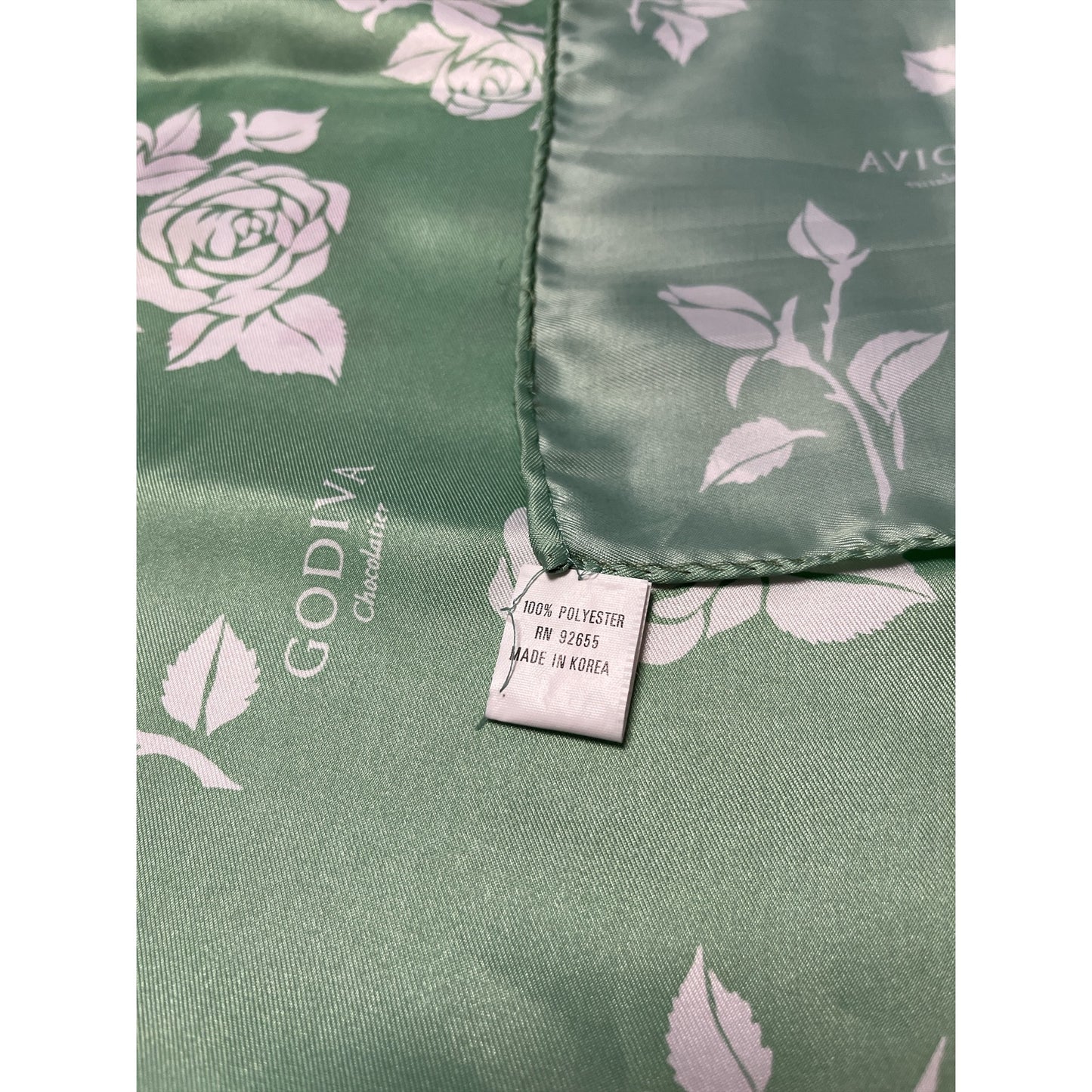 Vintage Godiva Chocolatier Green Rose Print Scarf – 100% Polyester