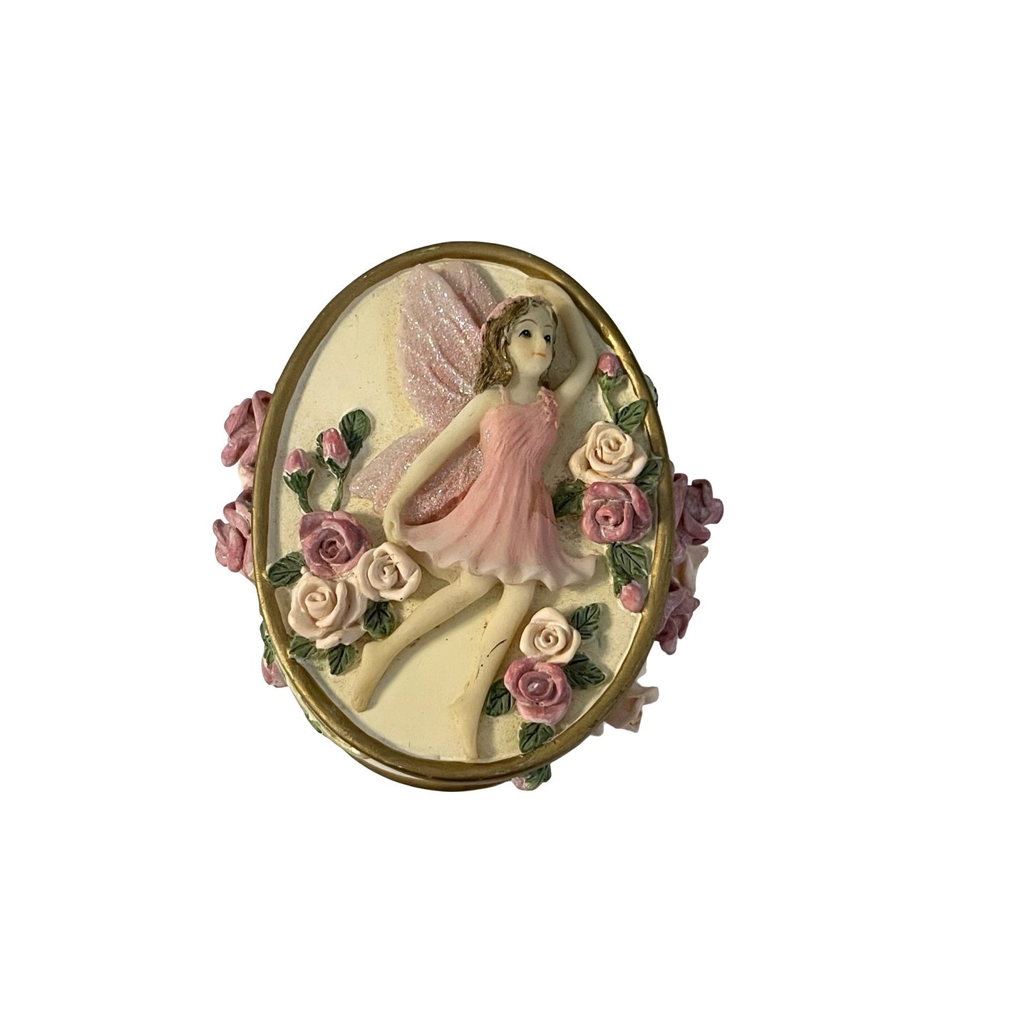 Dezine Fairy Trinket Box Pink Roses Jewelry Box Glitter Lid Vintage 2000 Oval