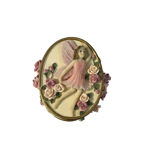 Dezine Fairy Trinket Box Pink Roses Jewelry Box Glitter Lid Vintage 2000 Oval