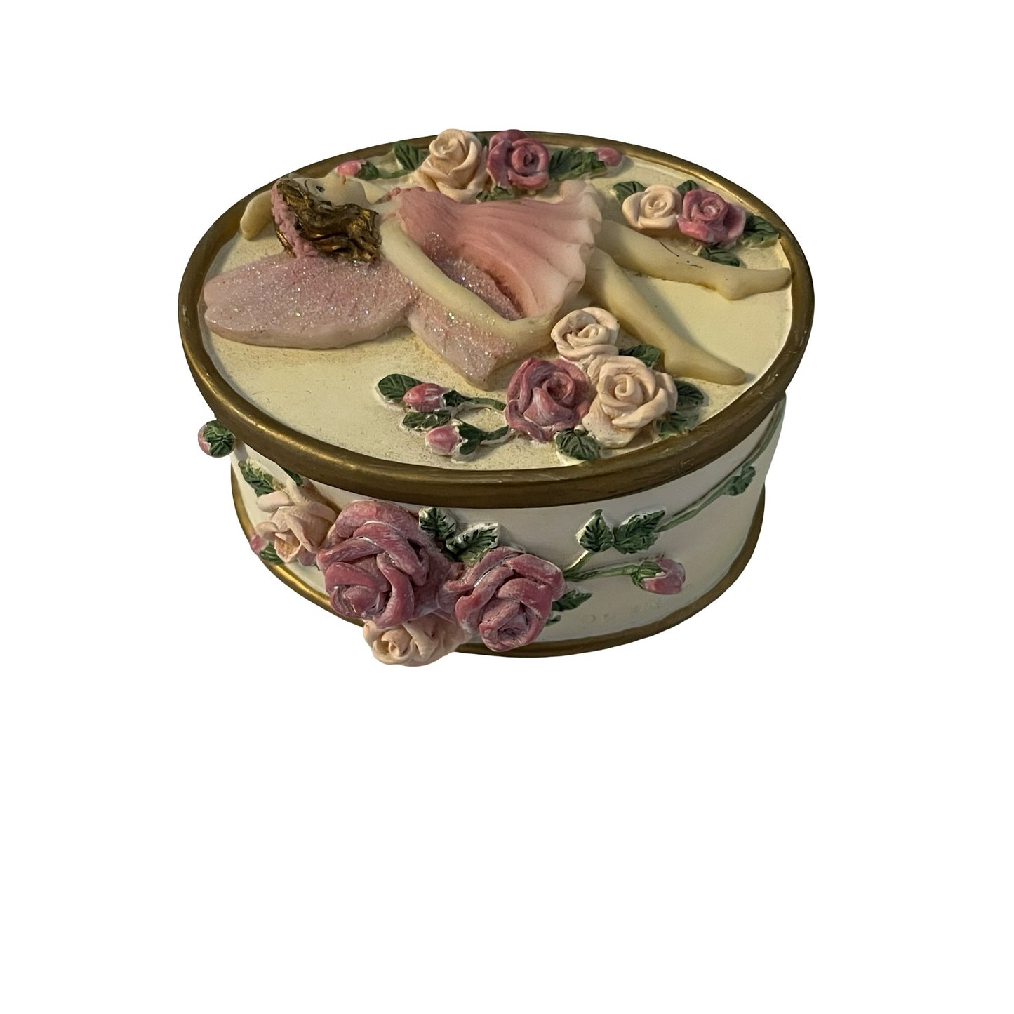 Dezine Fairy Trinket Box Pink Roses Jewelry Box Glitter Lid Vintage 2000 Oval