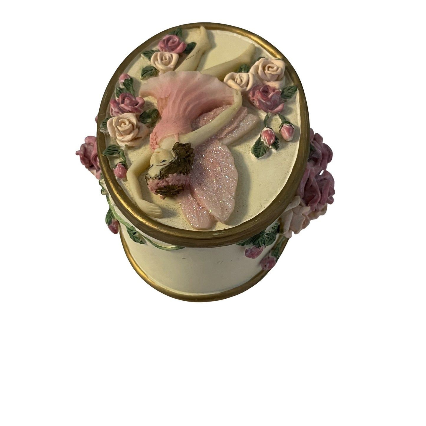 Dezine Fairy Trinket Box Pink Roses Jewelry Box Glitter Lid Vintage 2000 Oval