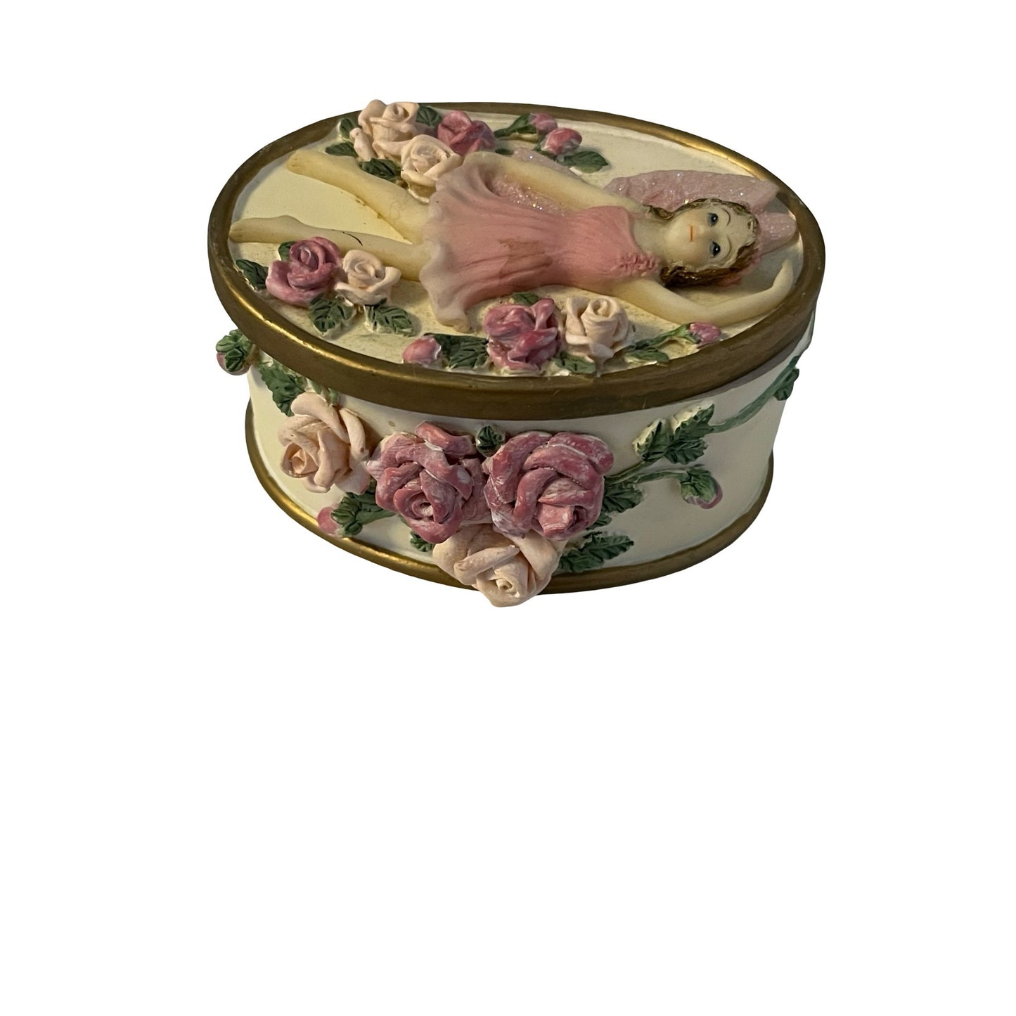 Dezine Fairy Trinket Box Pink Roses Jewelry Box Glitter Lid Vintage 2000 Oval