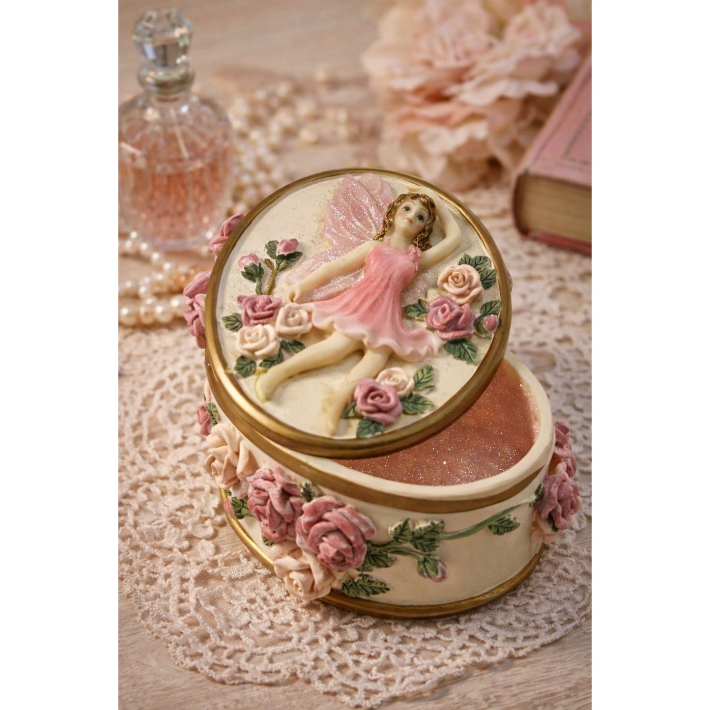 Dezine Fairy Trinket Box Pink Roses Jewelry Box Glitter Lid Vintage 2000 Oval