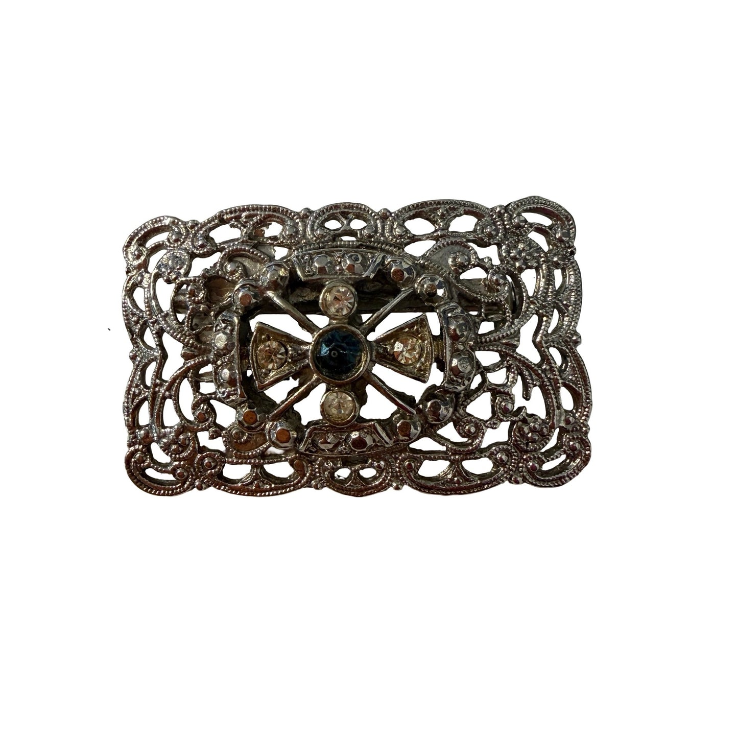 Vintage Filigree Rhinestone Maltese Cross Brooch Silver Tone Blue Crystal Pin