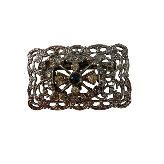 Vintage Filigree Rhinestone Maltese Cross Brooch Silver Tone Blue Crystal Pin