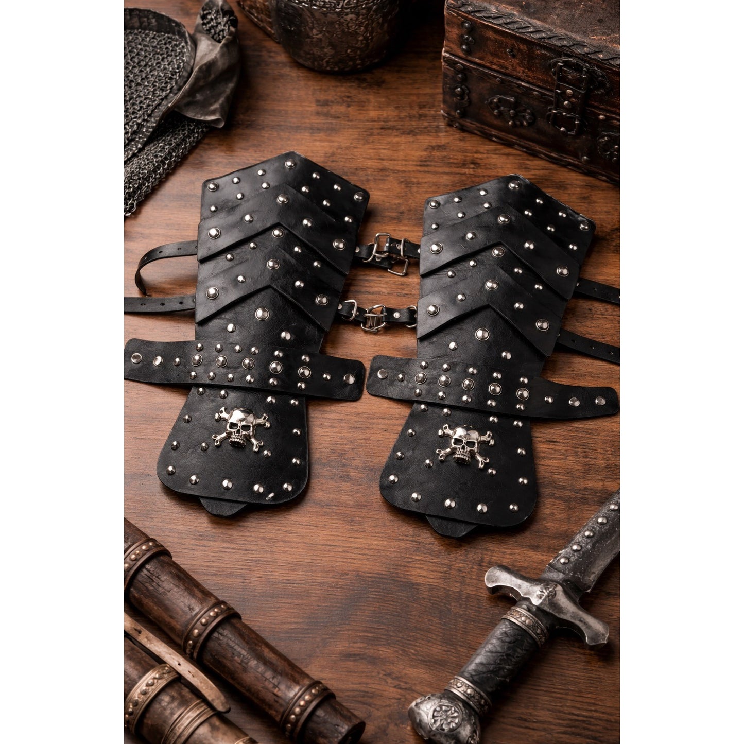 Black Studded Faux Leather Arm Guards Skull Armor Costume Bracers Pair