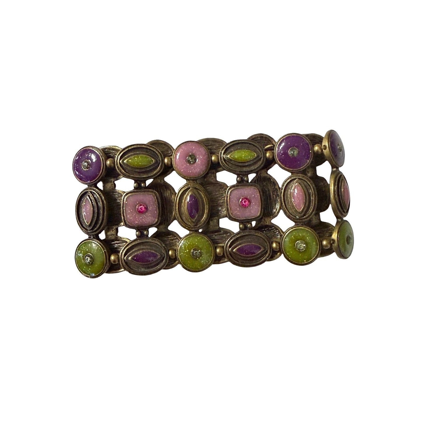 Vintage Stretch Bracelet Purple Pink Green Enamel Rhinestone Panel Cuff Boho